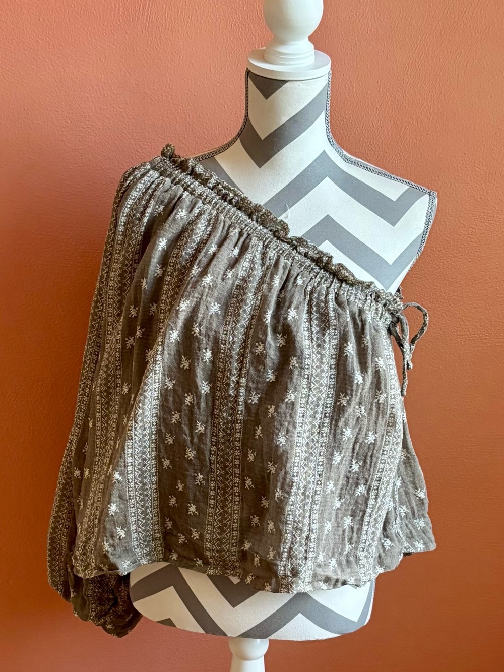 Olivaceous One-Shoulder Embroidered Peasant Top - Taupe